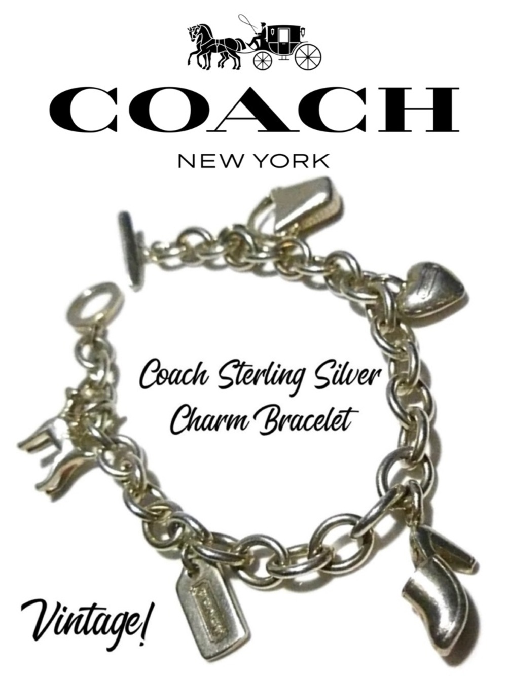 Coach Vintage Sterling Silver Charm Link Toggle Bracelet Dog Pail Heart Shoe - Picture 1 of 6
